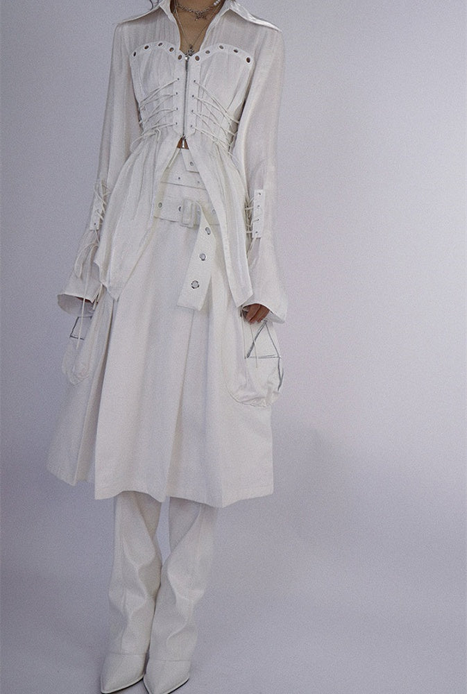 White Box Pleat Long Skirt Star Embroidery Pockets