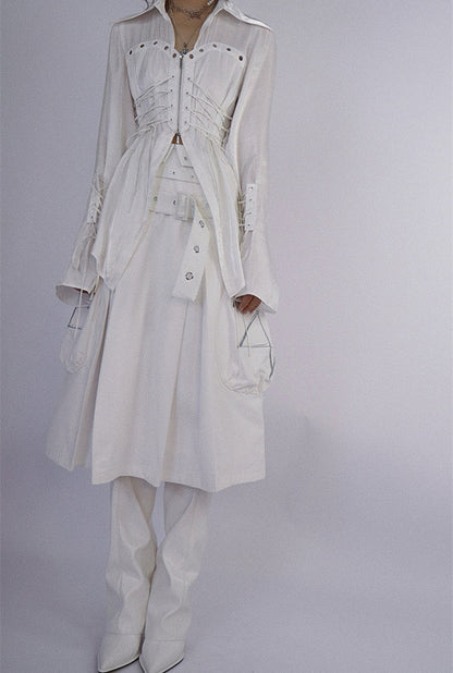 White Box Pleat Long Skirt Star Embroidery Pockets