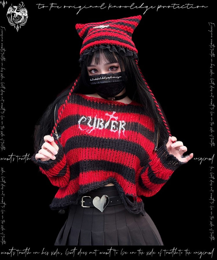 Punk White/ Red Cat Ear Design Knitted Hat
