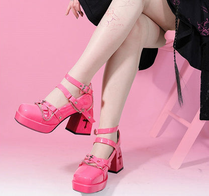 Silver-tone Studs Punk Barbie Pink High Block Heel Shoes