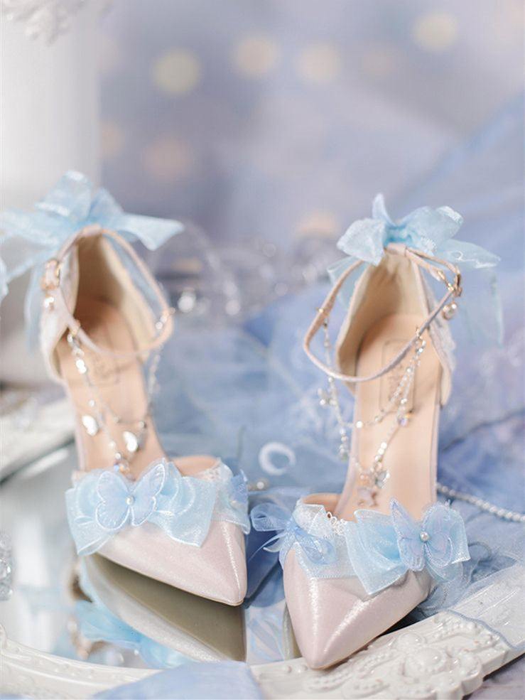 Flowers Butterflies Decorated Light Blue 5cm/8cm Hime Lolita High Heels