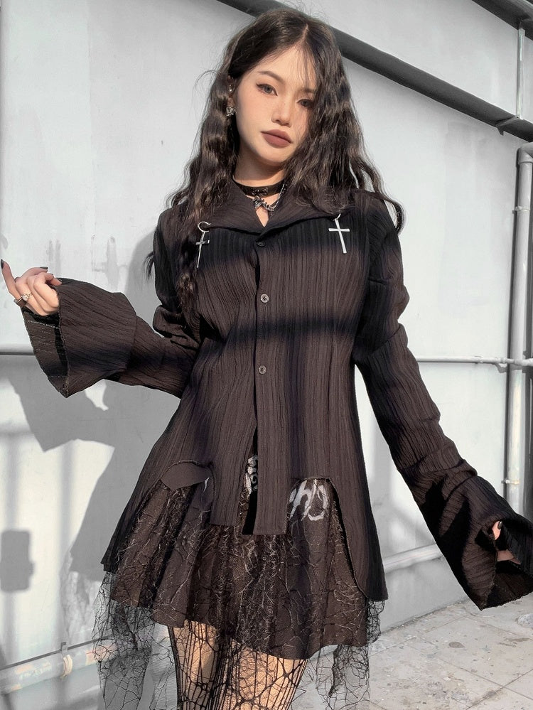 Cross Decorative Irregular Hem Punk Black Shirt