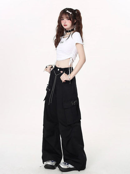 Black Techwear Wide-leg Cargo Pants with Butterfly Waist Chain