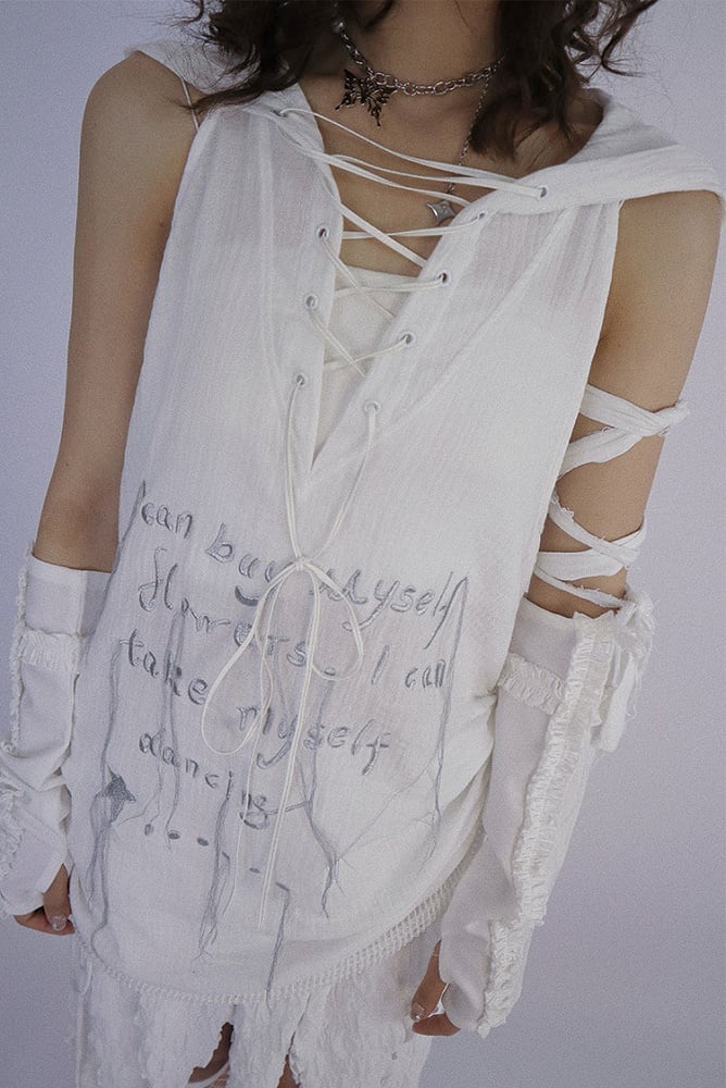 Dune Inspired White Hooded Long Vest Drawstring Hem