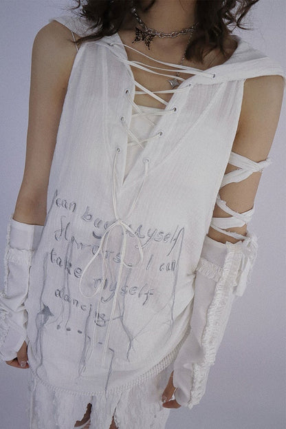 Dune Inspired White Hooded Long Vest Drawstring Hem