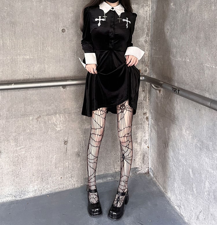 Clearance-Size M for Bust 93CM Punk Cross Design Bat Wing-shaped Collar Velvet Dress