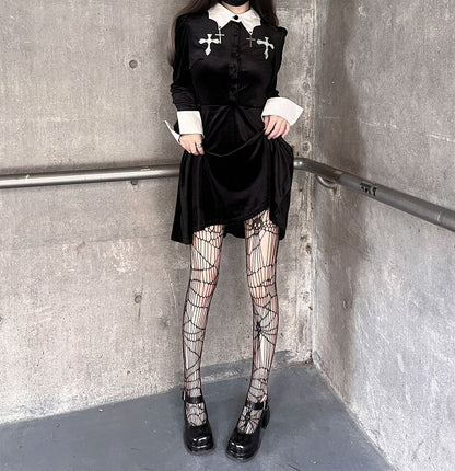 Clearance-Size M for Bust 93CM Punk Cross Design Bat Wing-shaped Collar Velvet Dress