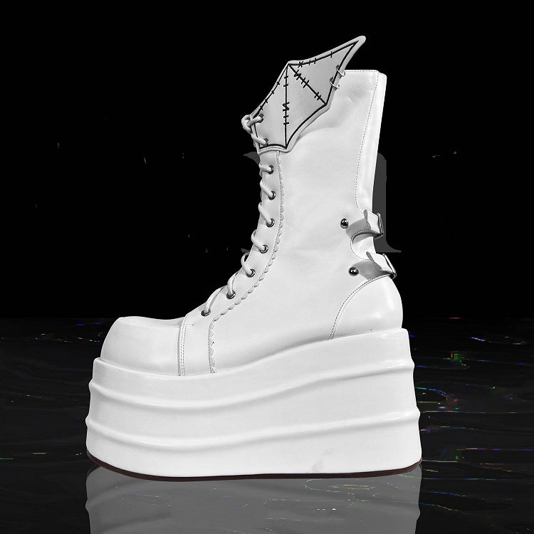 White Goth Platform Boots White Bat Wings Design Lace-up Tie