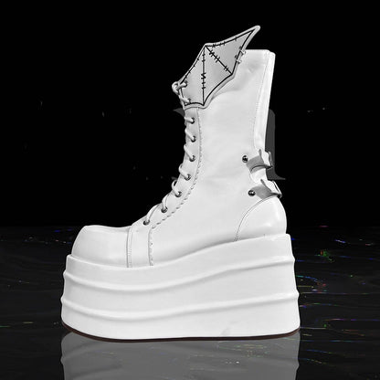 White Goth Platform Boots White Bat Wings Design Lace-up Tie