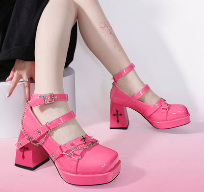 Silver-tone Studs Punk Barbie Pink High Block Heel Shoes