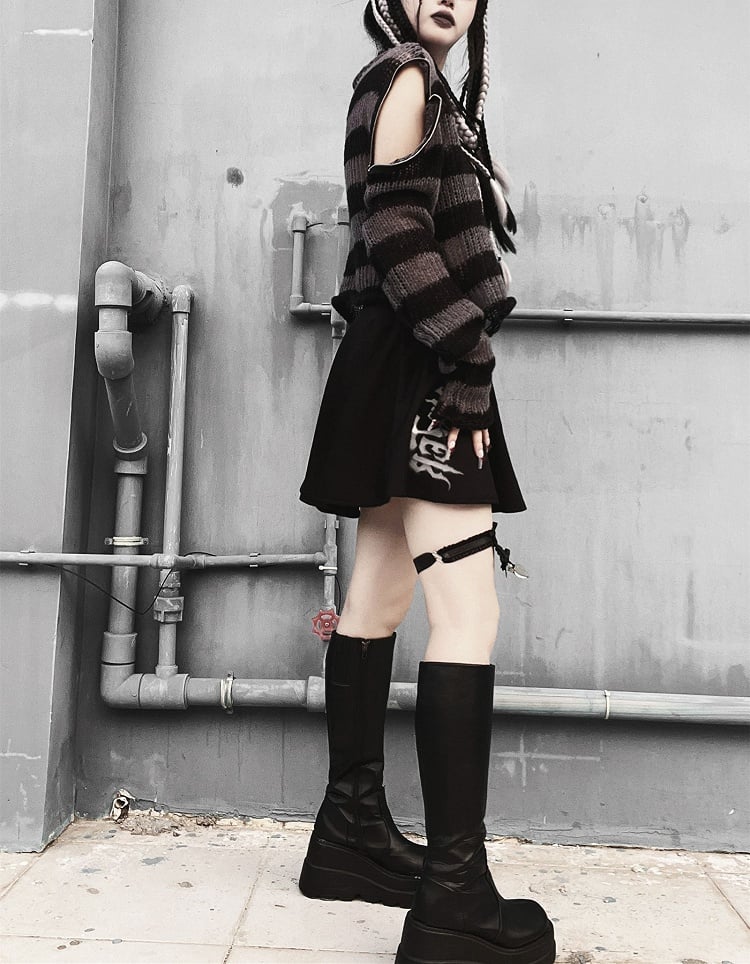 Punk Dark Gray Zip Design Striped Pattern Sweater