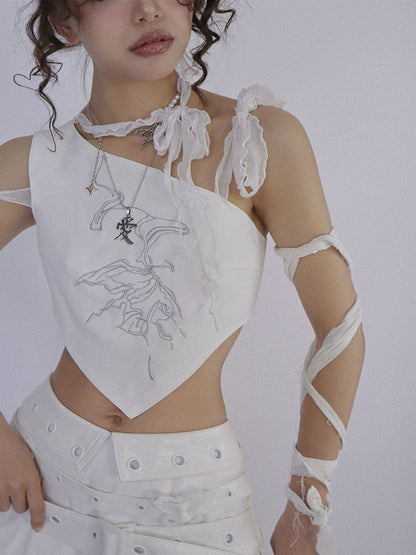 Butterfly Embroidery White Top Selt-tie Straps