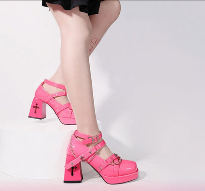 Silver-tone Studs Punk Barbie Pink High Block Heel Shoes