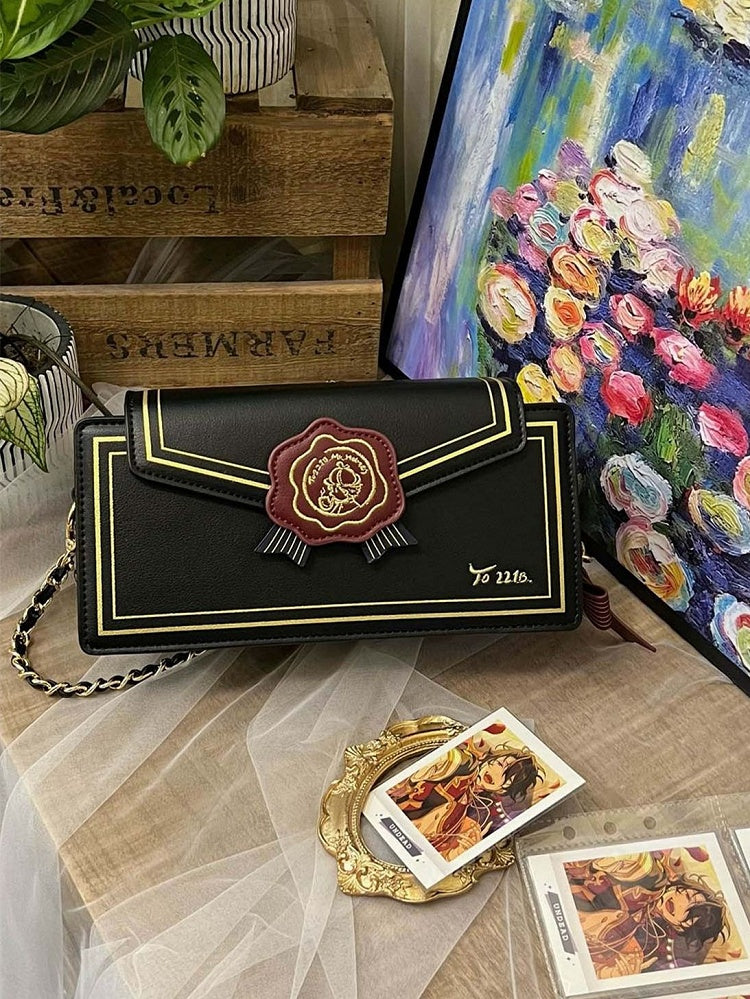 Rose Design Black Envelope Shaped Crossbody Ita Bag