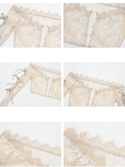 Champagne Crochet Floral Design Lace Crop Top Cutout Sleeves