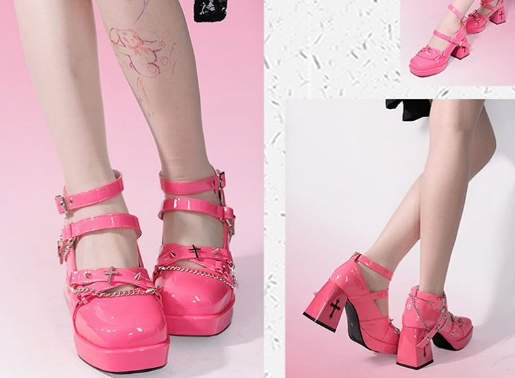 Silver-tone Studs Punk Barbie Pink High Block Heel Shoes