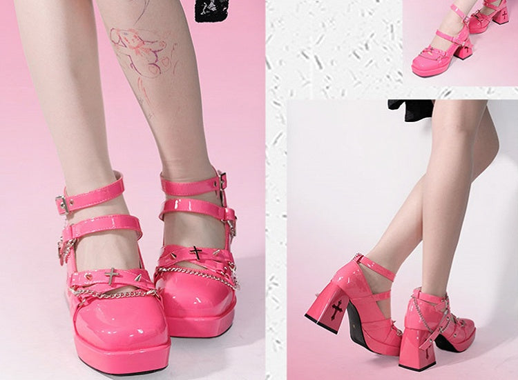 Silver-tone Studs Punk Barbie Pink High Block Heel Shoes