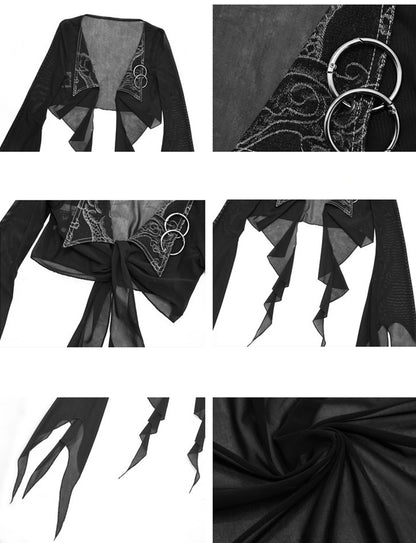 Black Semi-sheer Tulle Cropped Top Denim Collar Coachella Outfits