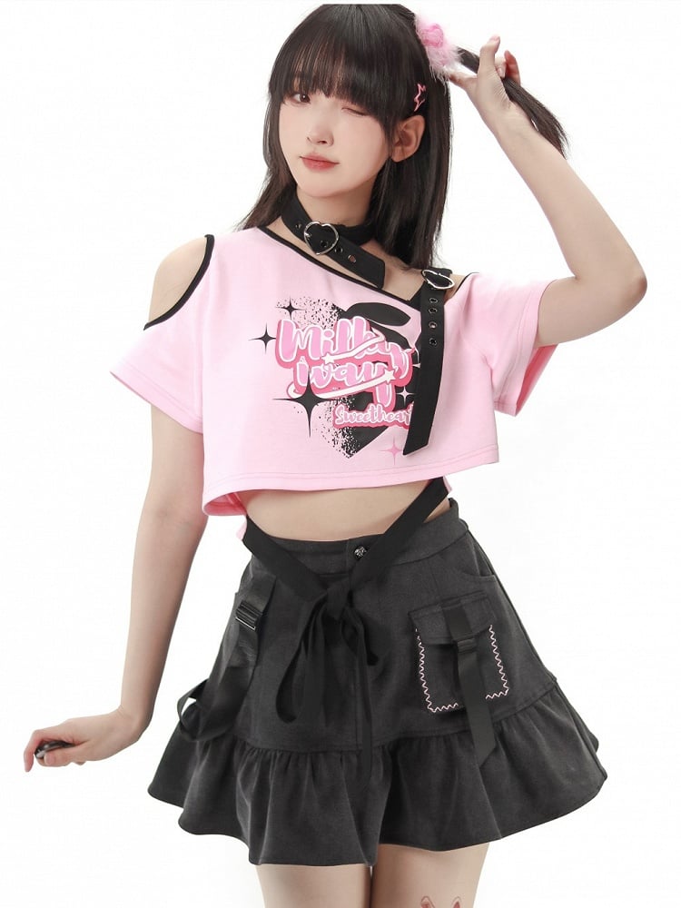 Pink Asymmetrical Open-shoulder Graphic T-shirt with Choker
