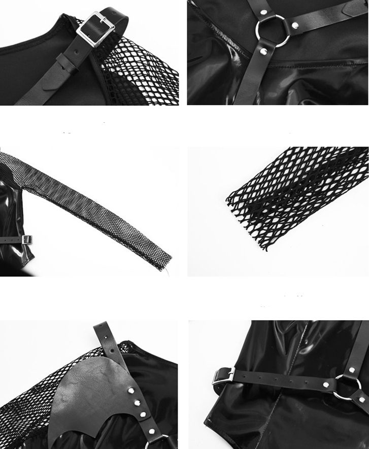 Fishnet Sleeves Black PU Top with Wings Design Straps Coachella Outfits