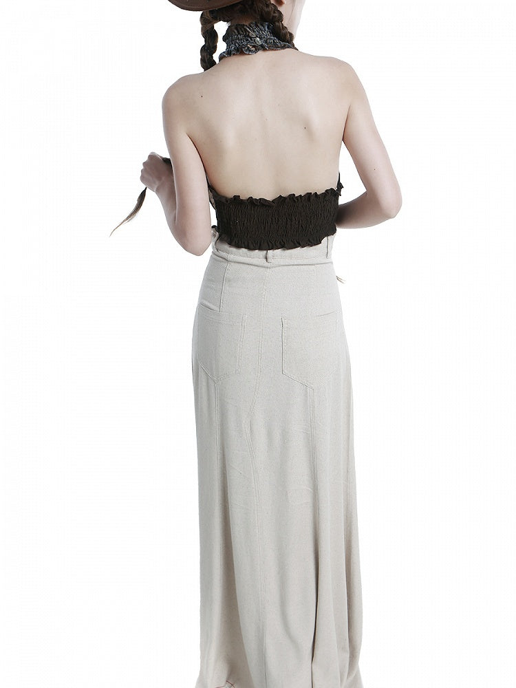 Coffee Ruffled Cropped Halter Top with Fringe