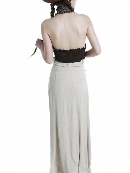 Coffee Ruffled Cropped Halter Top with Fringe