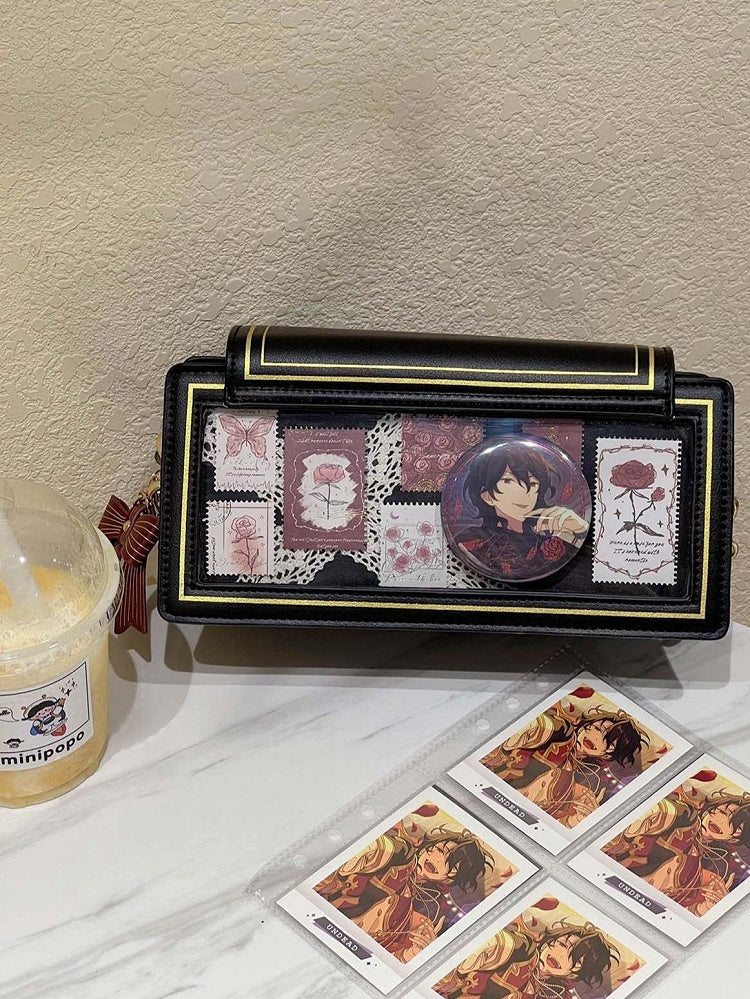 Rose Design Black Envelope Shaped Crossbody Ita Bag