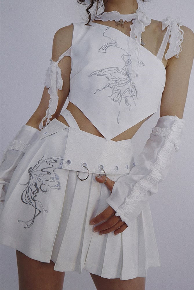 Butterfly Embroidery White Top Selt-tie Straps