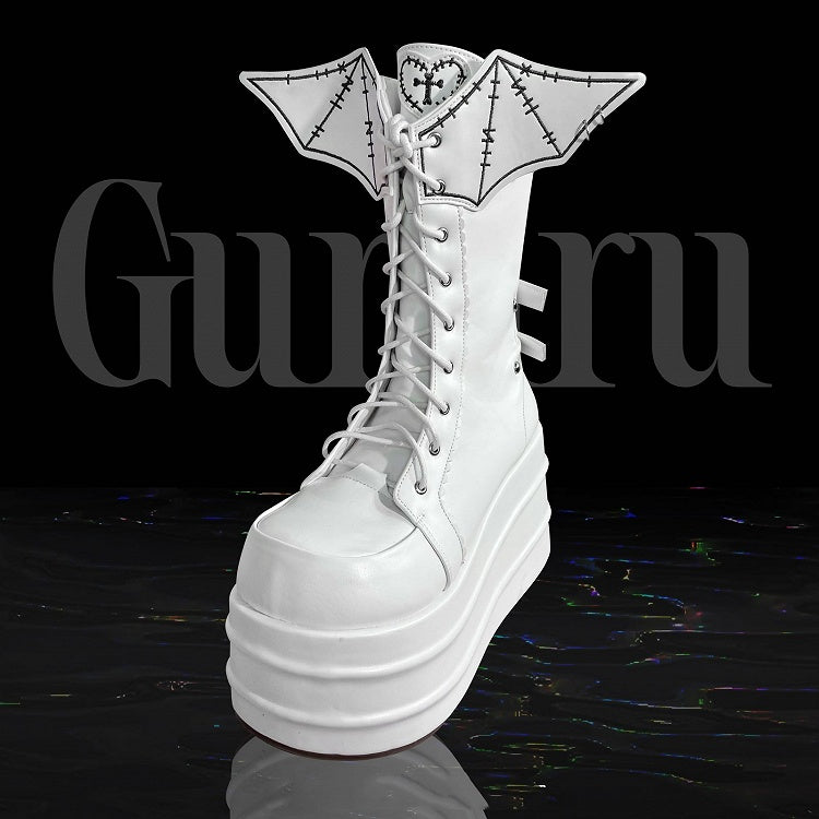 White Goth Platform Boots White Bat Wings Design Lace-up Tie