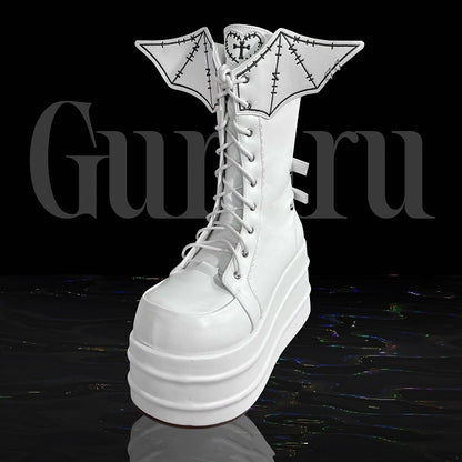 White Goth Platform Boots White Bat Wings Design Lace-up Tie
