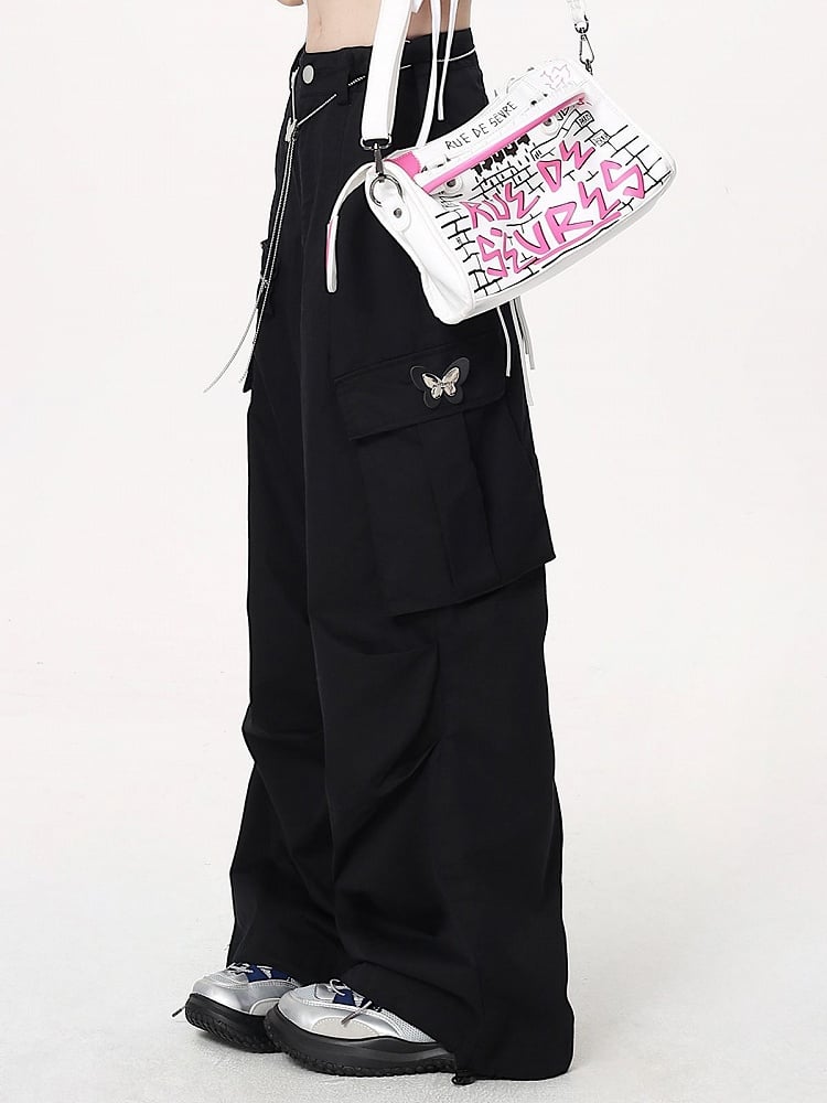 Black Techwear Wide-leg Cargo Pants with Butterfly Waist Chain