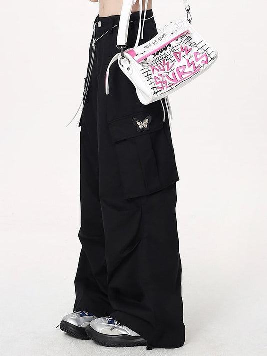 Black Techwear Wide-leg Cargo Pants with Butterfly Waist Chain