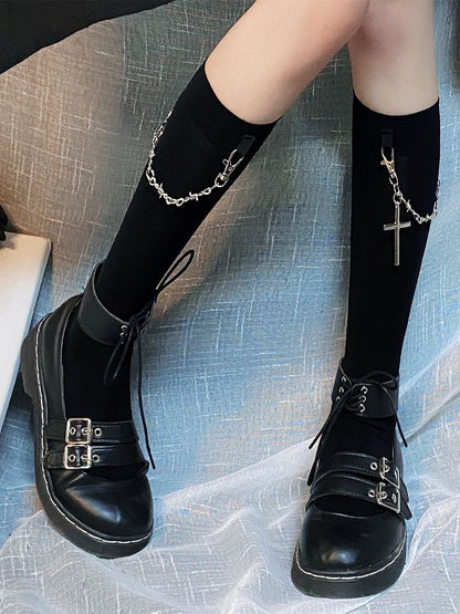 Cross Chain Decorated Black Under Knee Stockings