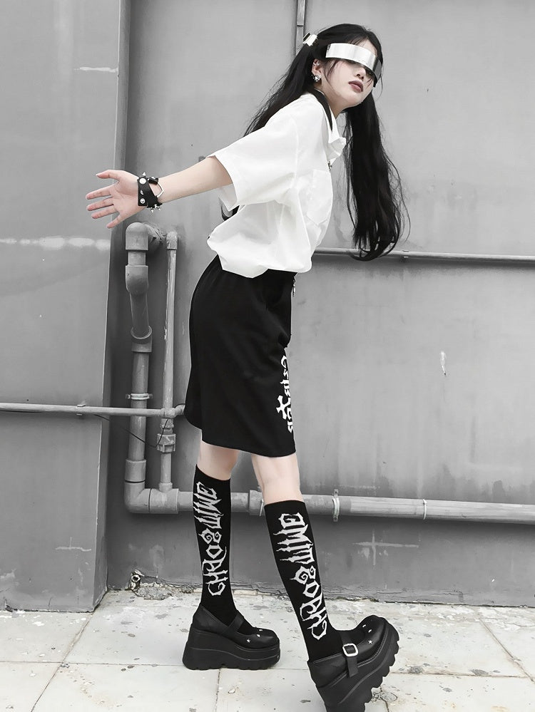 Letters Ink-jet Design Black High Waist Shorts