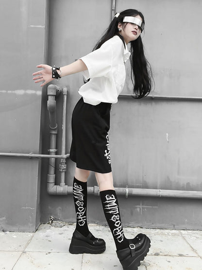 Letters Ink-jet Design Black High Waist Shorts