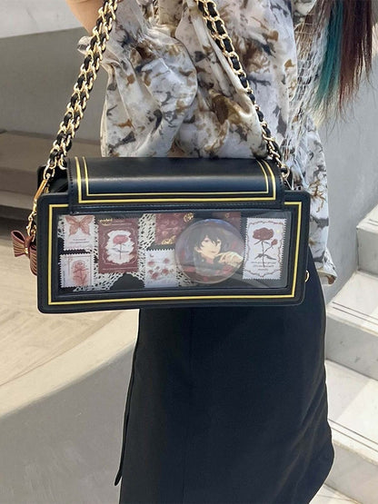 Rose Design Black Envelope Shaped Crossbody Ita Bag