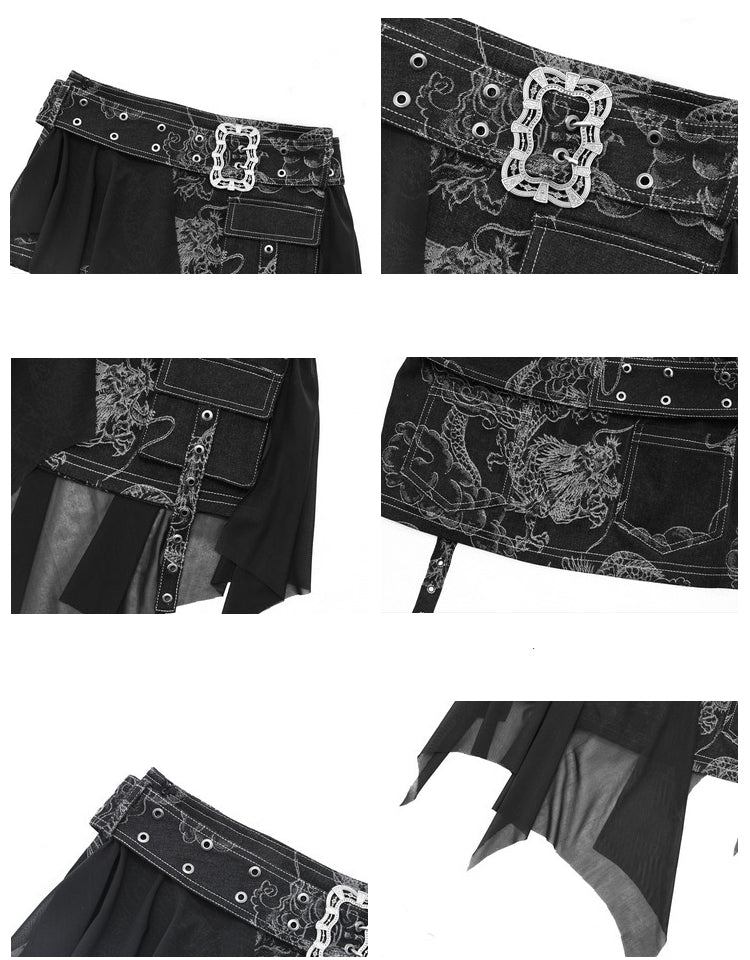 Punk Black Denim Mini Skirt with Dragon Pattern Coachella Outfits