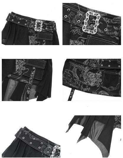 Punk Black Denim Mini Skirt with Dragon Pattern Coachella Outfits