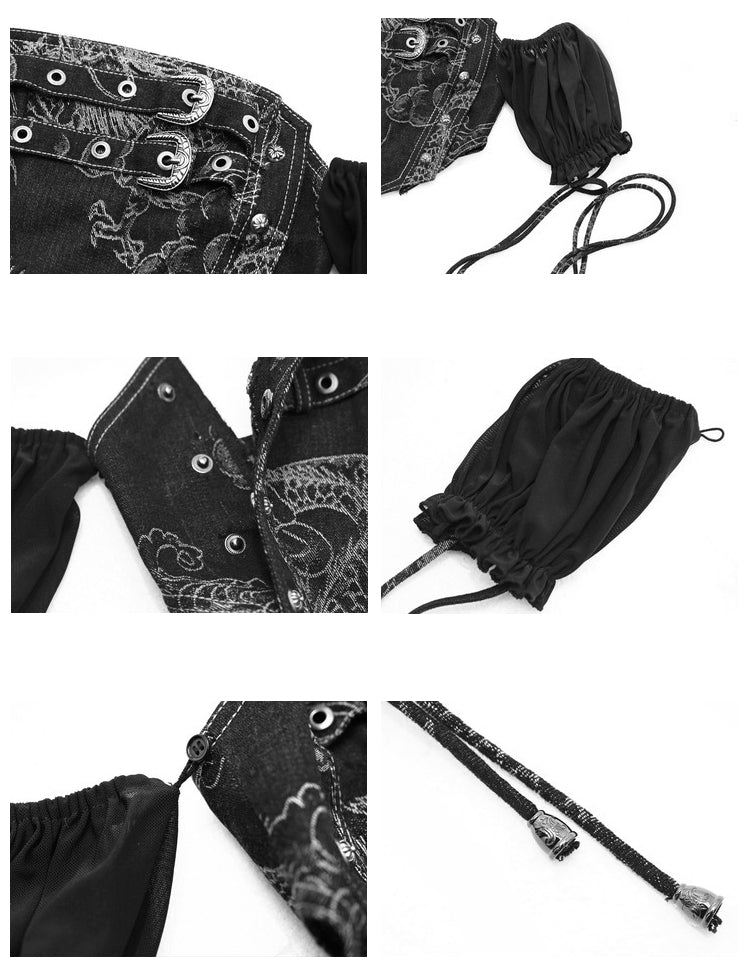 Black Denim Cropped Tube Top with Detachable Puff Sleeves Dragon Pattern Coachella Outfits