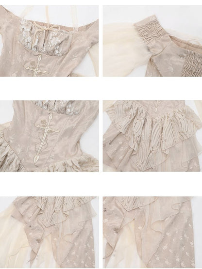 Cross Embroidery Champagne Handkerchief Hem Off Shoulder Dress