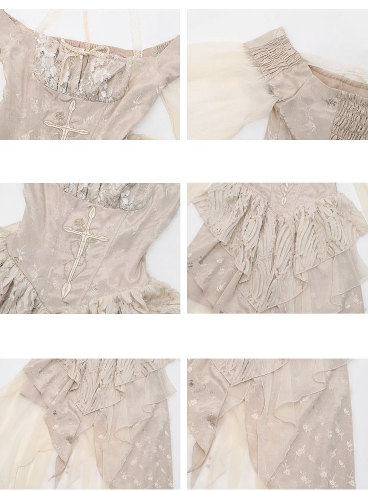 Cross Embroidery Champagne Handkerchief Hem Off Shoulder Dress