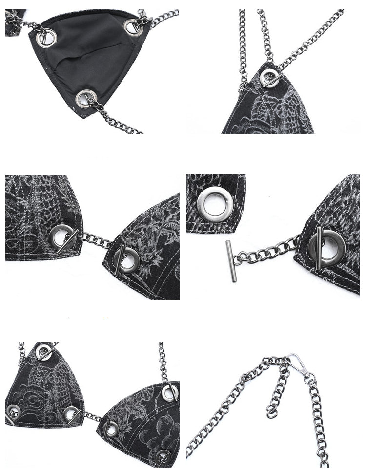 Dragon Pattern Black Denim Chain Bikini with Underwire Cups Coachella Outfits