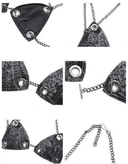 Dragon Pattern Black Denim Chain Bikini with Underwire Cups Coachella Outfits