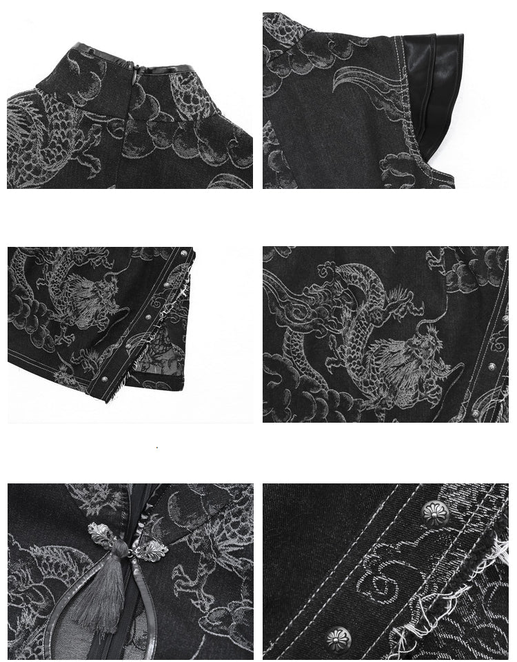 Clearance-Size S for Bust 82CM Black Dragon Pattern Qipao Dress Summer Festival Punk Dress
