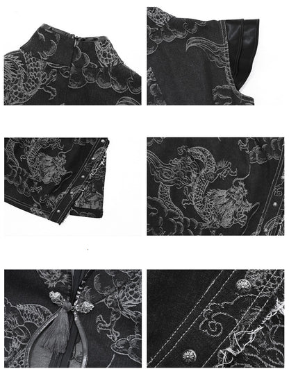 Clearance-Size S for Bust 82CM Black Dragon Pattern Qipao Dress Summer Festival Punk Dress