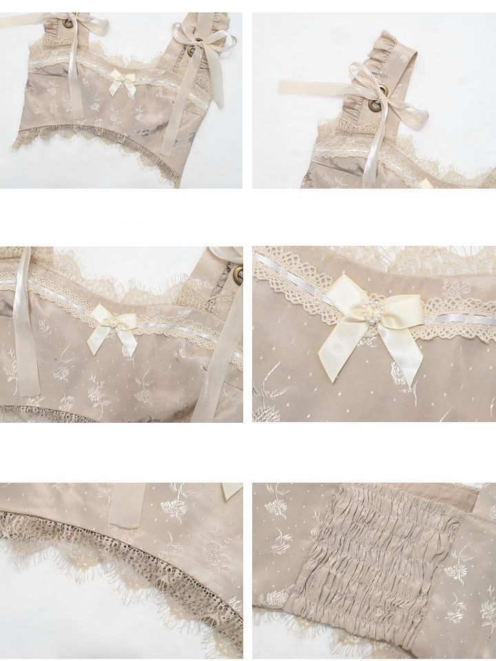Champagne Lace Trim Bow Cropped Tank Top with Self-tie Straps