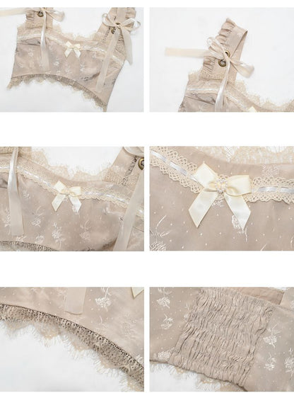 Champagne Lace Trim Bow Cropped Tank Top with Self-tie Straps