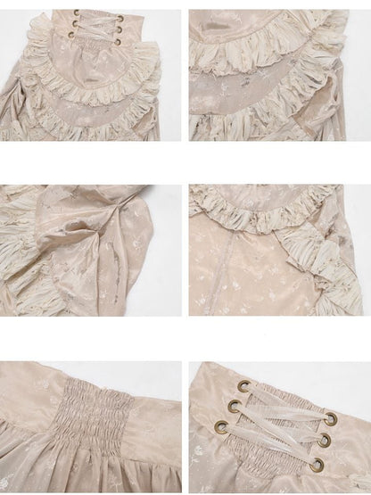 Champagne High Waist Ruffles Train High-low Skirt with Floral Pattern