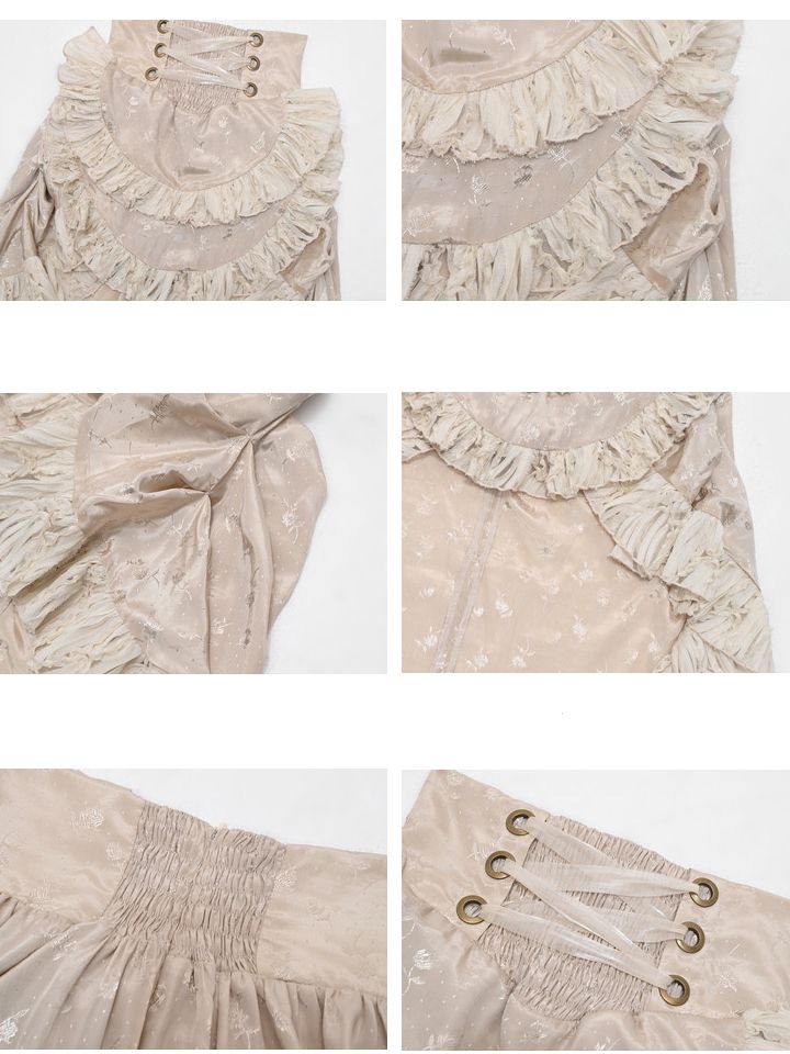 Champagne High Waist Ruffles Train High-low Skirt with Floral Pattern