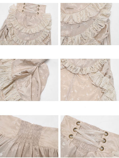 Champagne High Waist Ruffles Train High-low Skirt with Floral Pattern